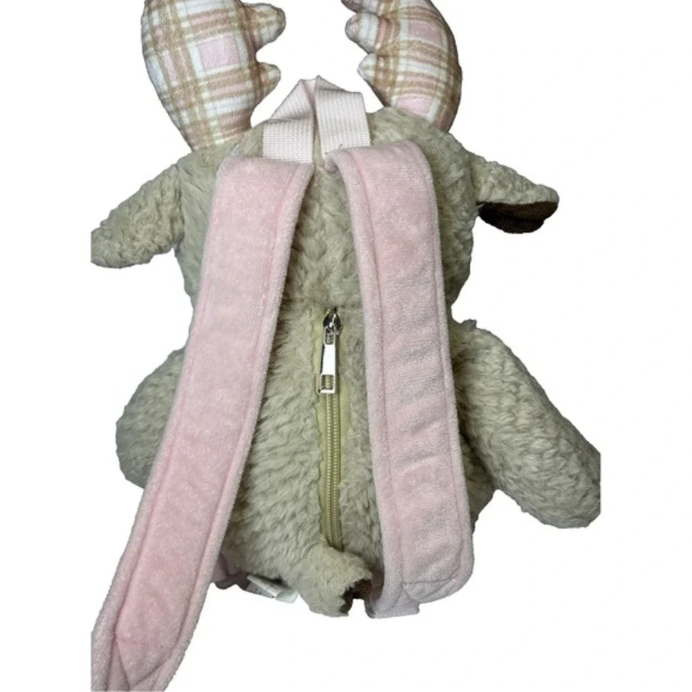 Tan Moose Plush Backpack‎ Pink Plaid Antlers Sherpa Faux Fur Stuffed Animal Bag